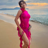 Sheer Mesh 3D Flower Ruffle Trim Sleeveless Club Dress - Hot Pink